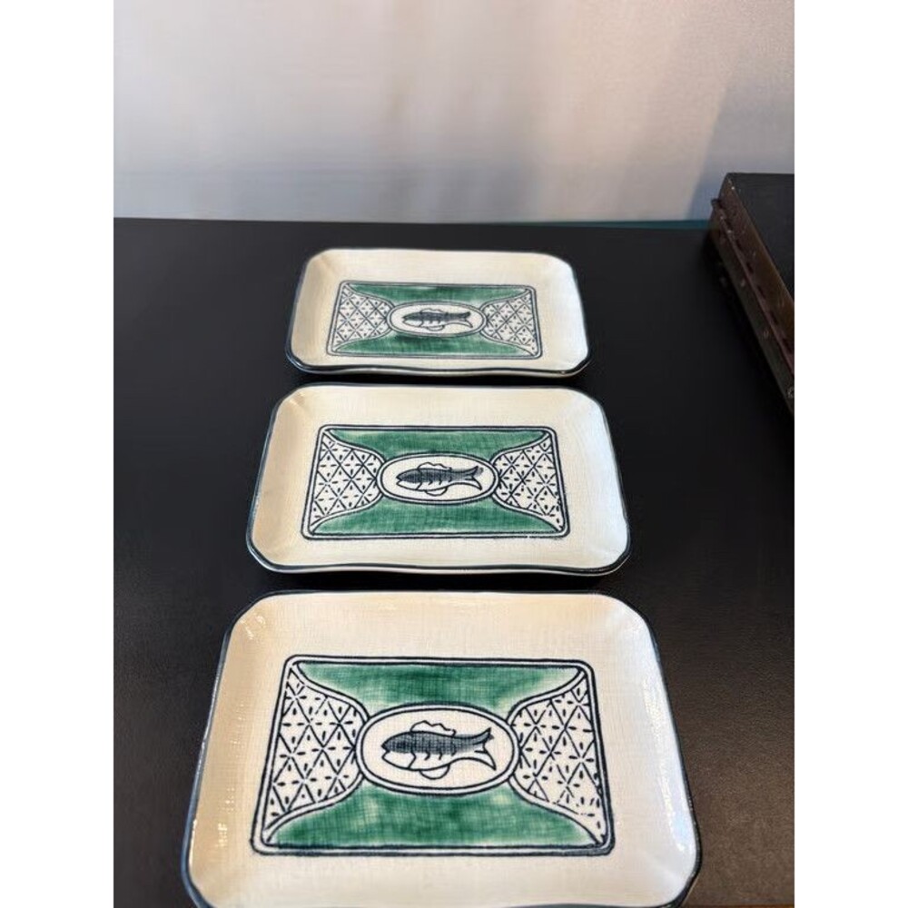 Japanese Fish Plates Set of 3 Green Black Sashimi Dishes Rectangular Porcelain
